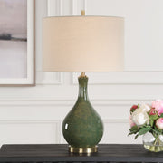 Zemira Emerald Green Glaze Modern Ceramic Accent Table Lamp with Beige Linen Shade (24" H Lamp with 9" H x 14" W Shade)