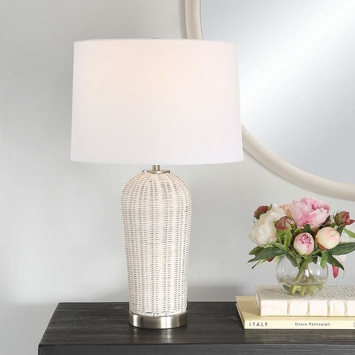 Ravina White Woven Rattan Table Lamp with White Linen Shade (25" H Lamp with 10" H x 15" W Shade)
