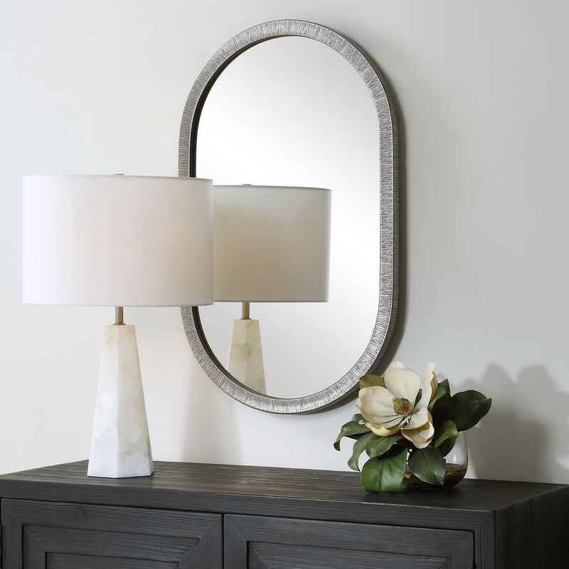 Nuvell Radiant Silver Mirror | Modern Oval Engineered Polymer Frame Bathroom Vanity Mirror (20 in. W x 33 in. H x 1 in. D)