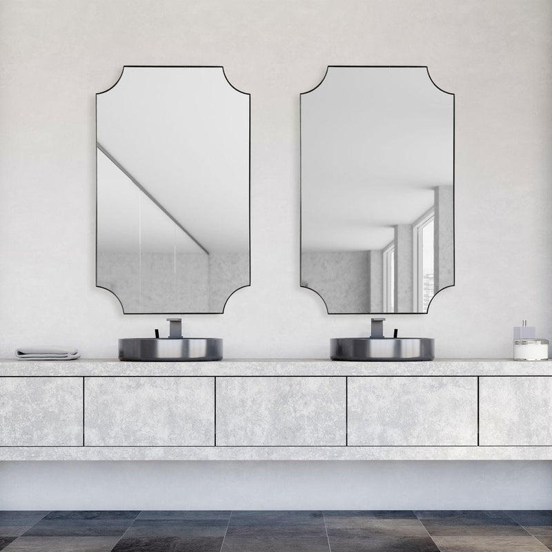 Tressa Satin Black Mirror | Modern Rectangle Iron Frame Bathroom Vanity Mirror with Scalloped Corners Mounted Vertical or Horizontal (20 in. W x 32 in. H x 1 in. D)