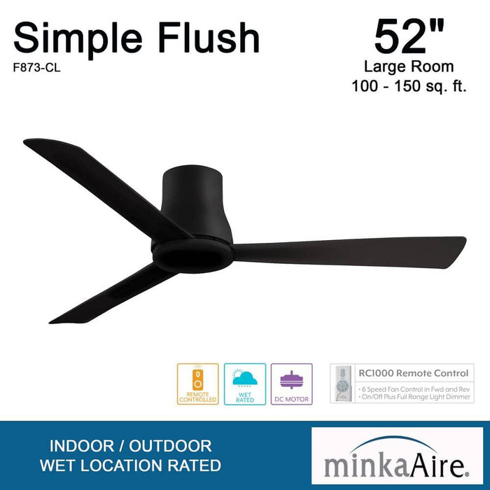 Minka Aire Simple Flush Hugger 52" Coal Black Outdoor Ceiling Fan with Remote