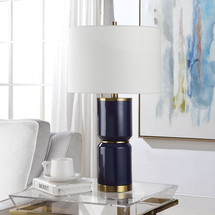 Solindra Royal Blue Modern Ceramic Table Lamp with White Linen Shade (26" H Lamp with 10" H x 15" W Shade)