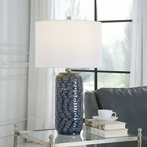 Tivora Blue Modern Ceramic Table Lamp with White Linen Shade (27" H Lamp with 10" H x 15" W Shade)