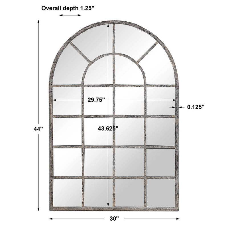 Fenestra Antique Rustic Gray Mirror | Modern Arch Windowpane Iron Frame Mirror (30 in. W x 44 in. H x 1 in. D)