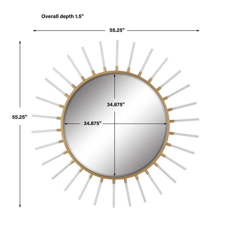 Uttermost Oracle 09883 metallic gold leaf modern round mirror with forged iron frame and clear acrylic rods, 55 in. W x 55 in. H