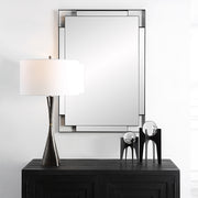Uttermost Stellan 09938 black modern rectangle bathroom vanity mirror with strap style frame, floating polished edge mirror, and side mirrors, 28 in. W x 40 in. H