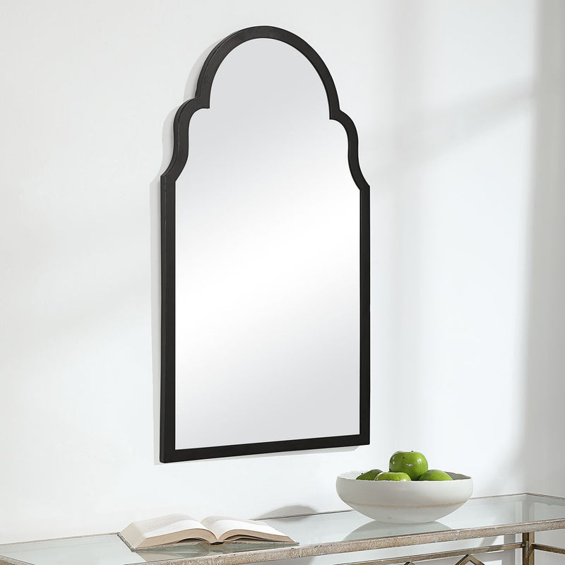 Abbey Satin Black Mirror | Modern Arch Iron Frame Bathroom Vanity Mirror (21 in. W x 37 in. H x 1 in. D)
