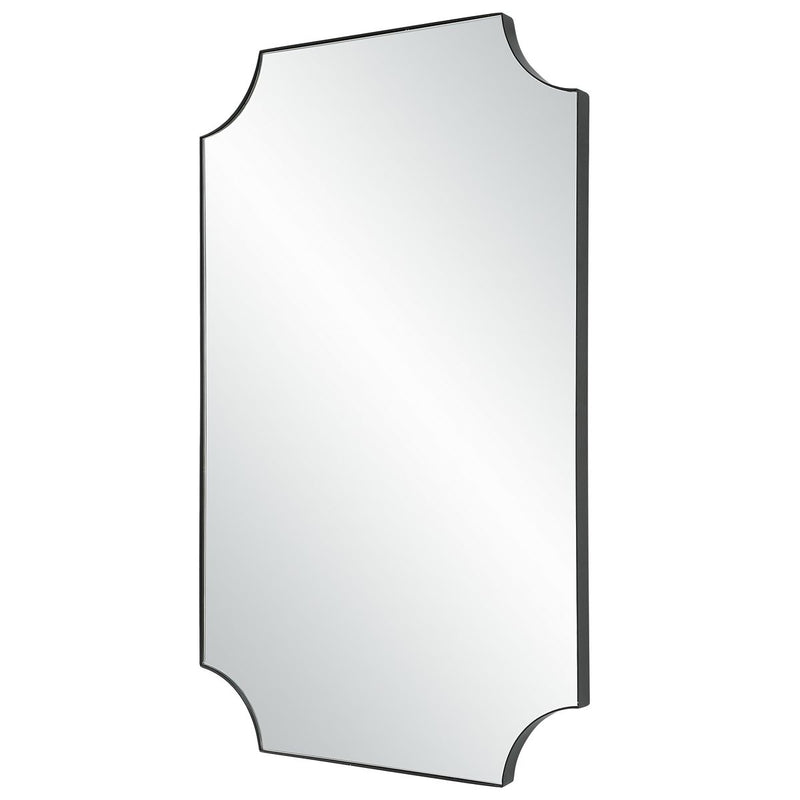 Tressa Satin Black Mirror | Modern Rectangle Iron Frame Bathroom Vanity Mirror with Scalloped Corners Mounted Vertical or Horizontal (20 in. W x 32 in. H x 1 in. D)