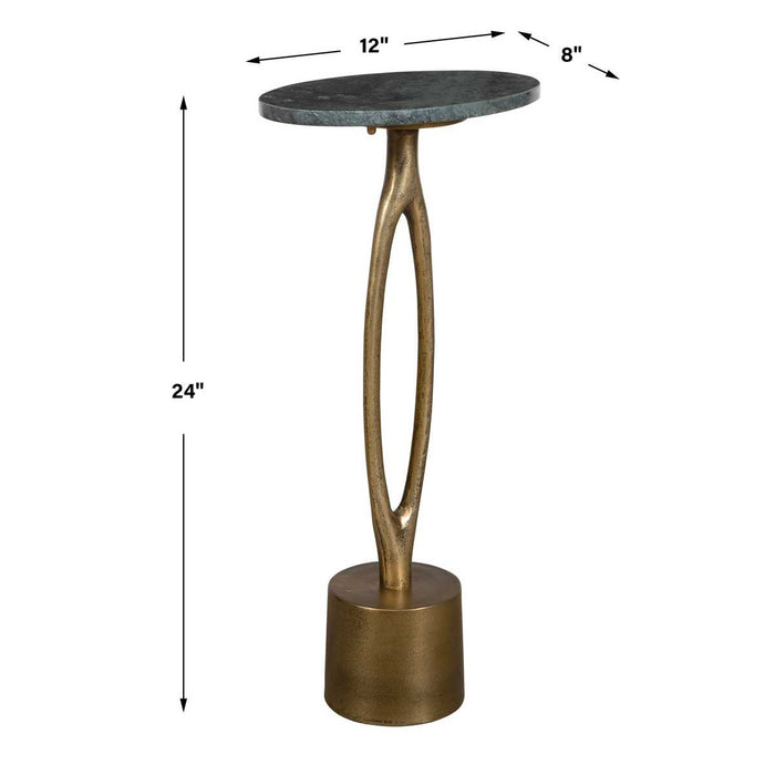 Kalra Accent Table | Antique Brass and Emerald Green Oval Marble Top (12 in. W x 24 in. H x 8 in. D)