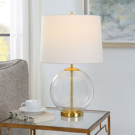 Lumora Modern Spherical Glass Gold Accent Table Lamp with White Linen Shade (23" H Lamp with 10" H x 14" W Shade)
