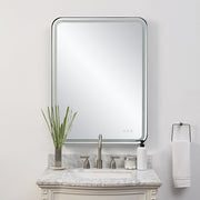 Uttermost Crofton 09946 black modern LED rectangle bathroom vanity mirror with integrated lighting, frosted strip mirror, and satin black frame, 30 in. W x 40 in. H