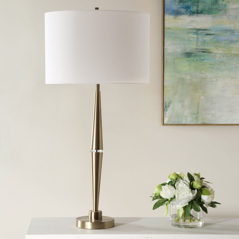 Solarix Antique Brass Modern Metal Table Lamp with White Linen Shade (33" H Lamp with 10" H x 15" W Shade)