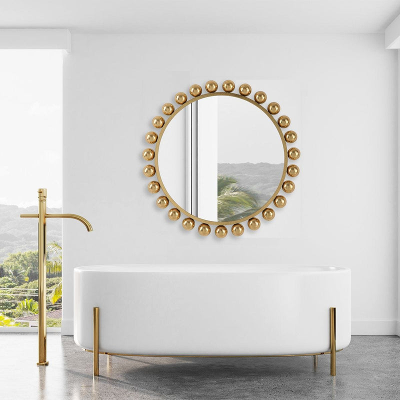 Spindra Rich Gold Mirror | Modern Round Metal Frame Bathroom Vanity Mirror (34 in. W x 34 in. H x 2 in. D)