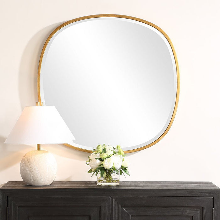 Auriel Gold Leaf Mirror | Modern Round Iron Frame Bathroom Vanity Mirror (30 in. W x 30 in. H x 2 in. D)