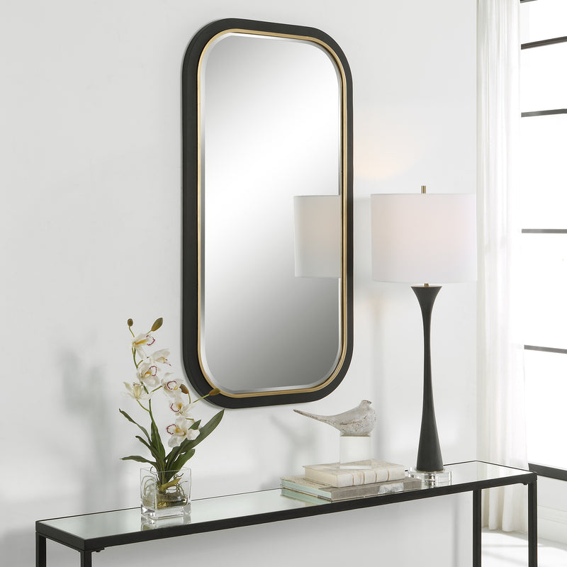 Uttermost Nevaeh 09880 black and gold modern rectangle bathroom vanity mirror with curved satin black frame and gold leaf inner edge, 23 in. W x 43 in. H