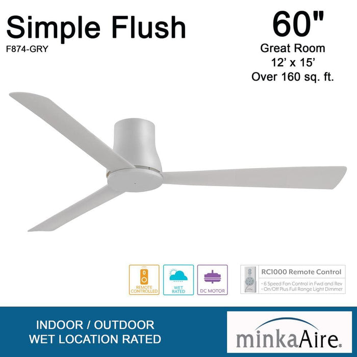 Minka Aire Simple Flush Hugger 60" Grey Outdoor Ceiling Fan with Remote