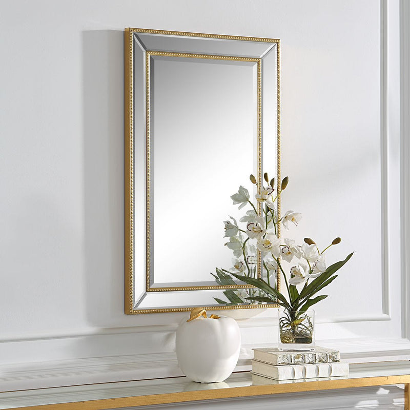 Solitha Gold Mirror | Modern Rectangle Engineered Polymer Frame Bathroom Vanity Mirror Mounted Vertical or Horizontal (20 in. W x 32 in. H x 2 in. D)
