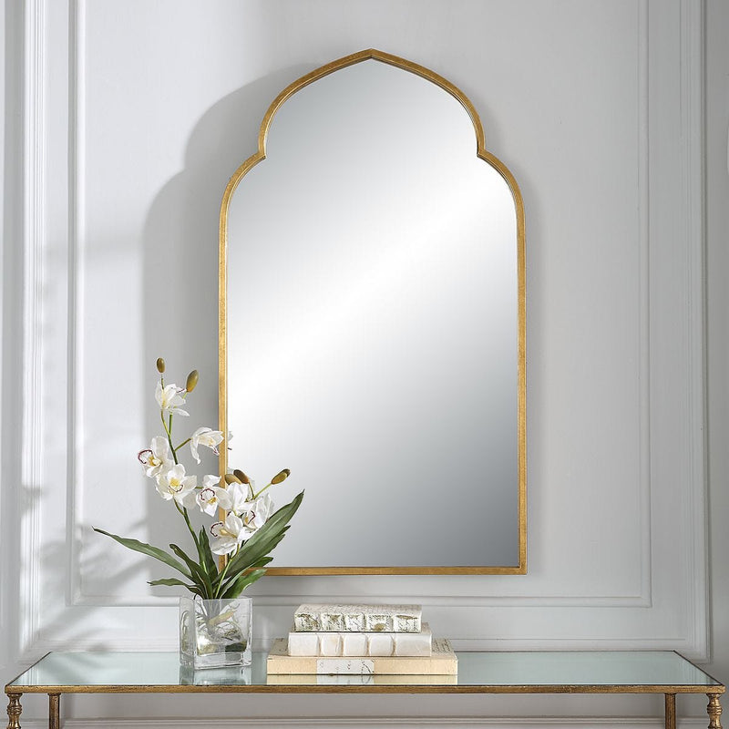 Marzala Antique Gold Leaf Mirror | Modern Arch Iron Frame Bathroom Vanity Mirror (22 in. W x 38 in. H x 1 in. D)
