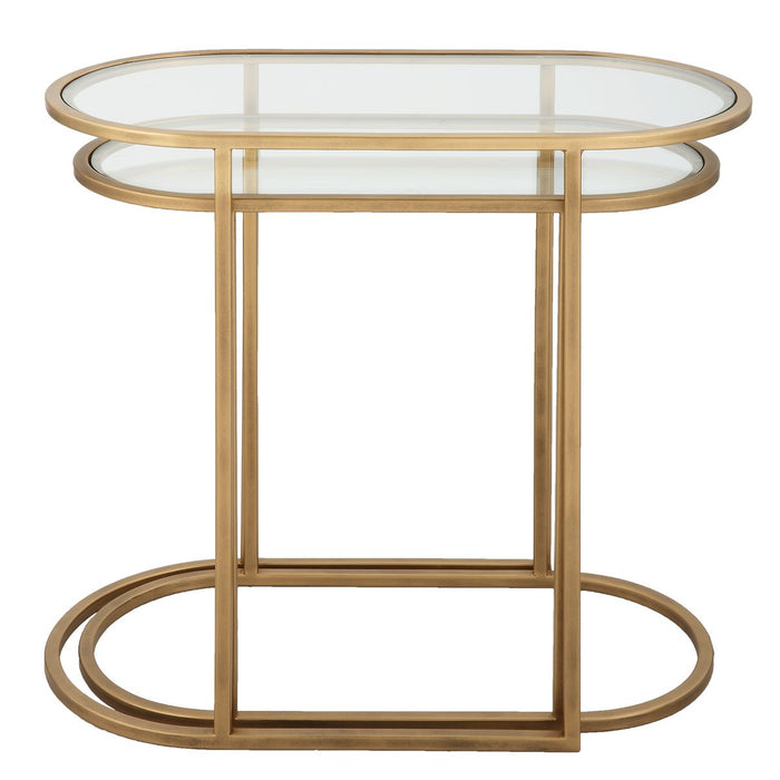 Strada Nesting Tables Set of 2 | Antique Brushed Brass and Clear Tempered Glass Top (Medium: 22 in. W x 19.5 in. H x 10.5 in. D; Large: 24 in. W x 22 in. H x 12.5 in. D)