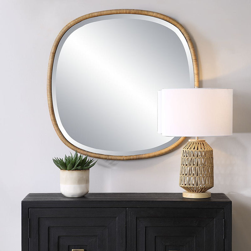 Seastran Coastal Mirror | Modern Round Natural Rattan Frame Mirror (34 in. W x 34 in. H x 2 in. D)