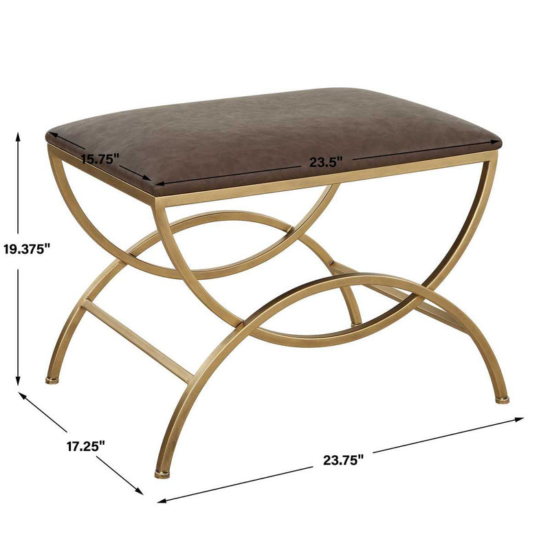 Marlowe Antique Brushed Brass Accent Bench | Modern Iron Frame with Cocoa Distressed Faux Leather Cushion (24 in. W x 19 in. H x 17 in. D)