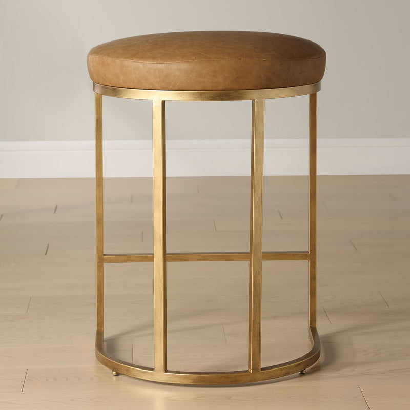 Stellix Antique Brushed Brass Counter Stool | Modern Iron Frame with Camel Colored Faux Leather Cushion  (19 in. W x 26 in. H x 14 in. D)