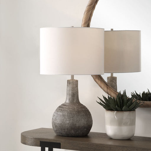 Belnor Ivory with Aged Black Undertones Modern Ceramic Table Lamp with Off White Linen Shade (24" H Lamp with 10" H x 14" W Shade)