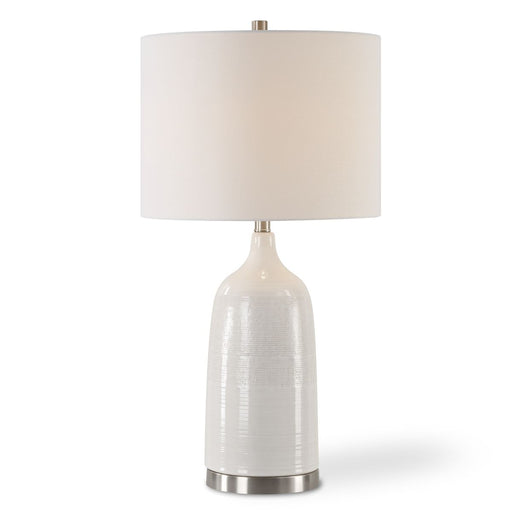 Castin Gloss White Glaze Modern Ceramic Table Lamp with Off-White Linen Shade (29" H Lamp with 11" H x 15" W Shade)