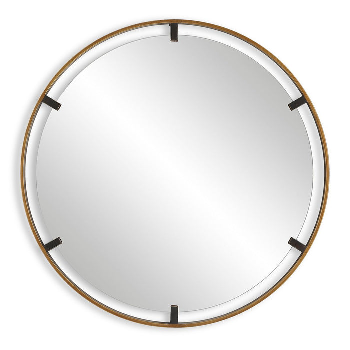 Axion Rich Gold and Dark Bronze Mirror | Modern Round Iron Frame Bathroom Vanity Mirror (32 in. W x 32 in. H x 1 in. D)