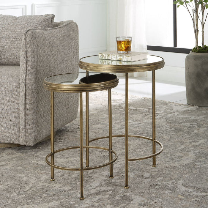 Mavren Nesting Tables Set of 2 | Antique Brushed Gold and Mirrored Top (Medium: 15 in. W x 21 in. H; Large: 18 in. W x 24 in. H)