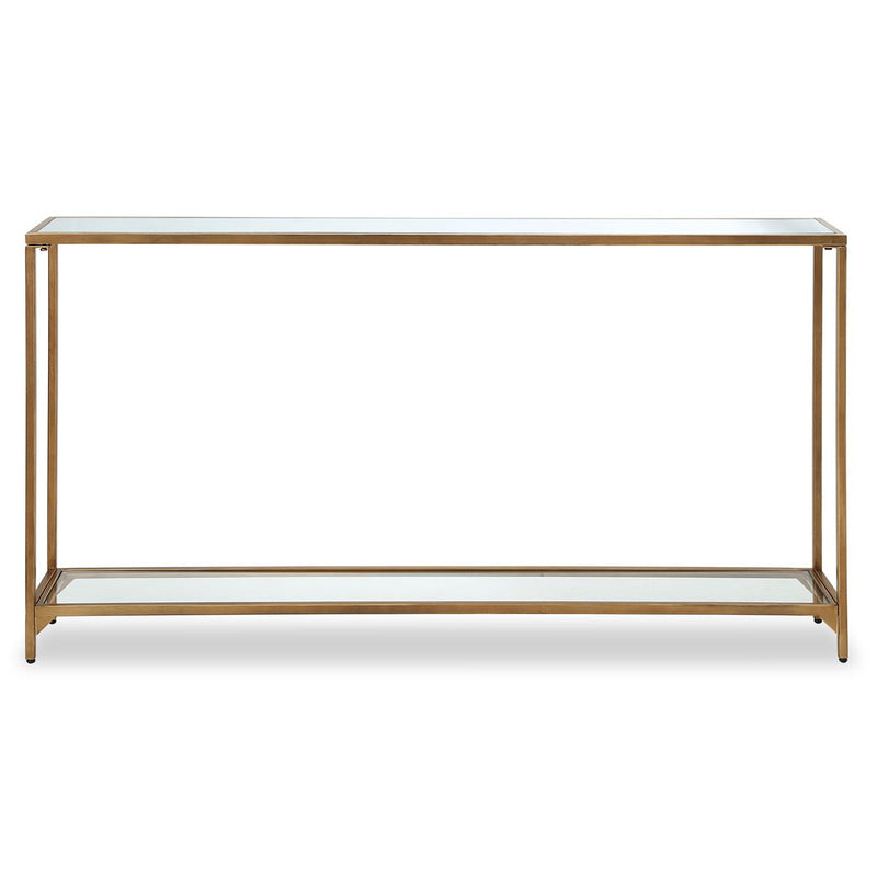 Tivlo Console Table | Warm Gold with Mirrored Top and Tempered Glass Bottom (56 in. W x 30 in. H x 8 in. D)