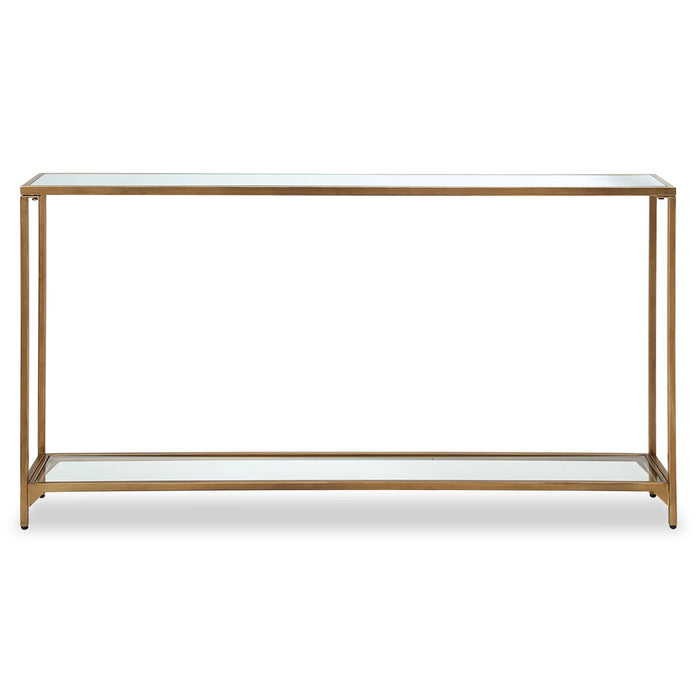 Tivlo Console Table | Warm Gold with Mirrored Top and Tempered Glass Bottom (56 in. W x 30 in. H x 8 in. D)