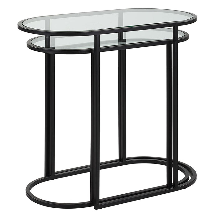 Strada Nesting Tables Set of 2 | Matte Black and Clear Tempered Glass Top (Medium: 22 in. W x 19.5 in. H x 10.5 in. D; Large: 24 in. W x 22 in. H x 12.5 in. D)