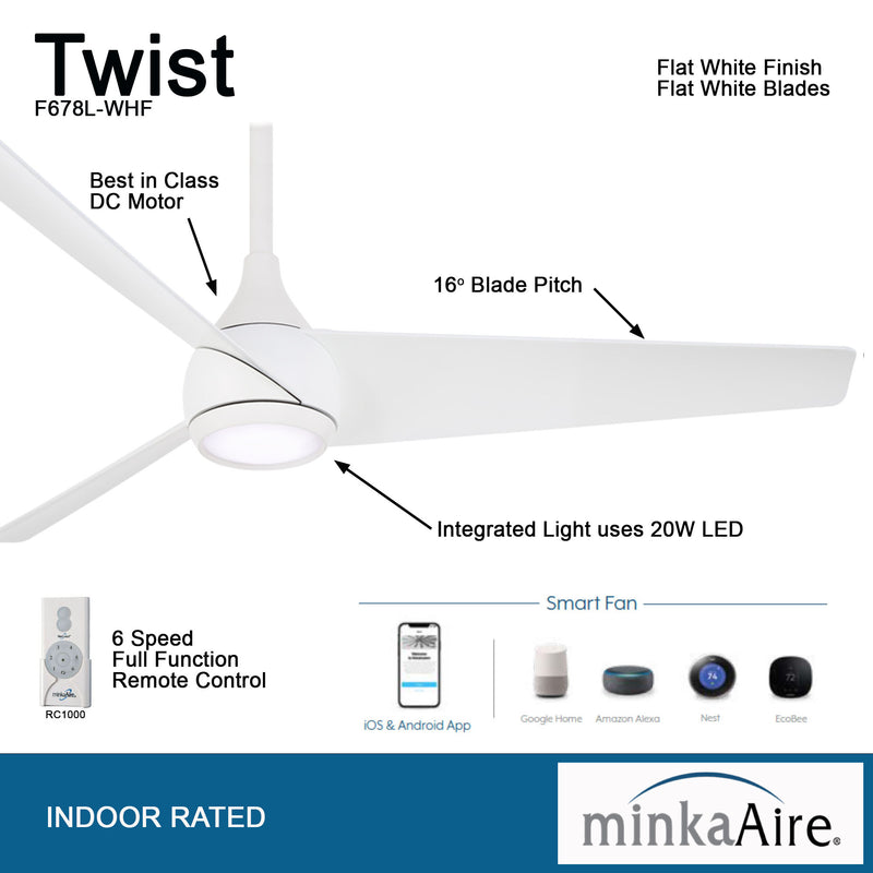 Minka Aire Twist F678L-WHF 52-Inch LED Ceiling Fan in Flat White with Remote