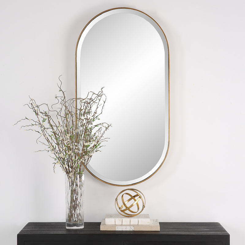 Uttermost Lago 09914 antiqued golden bronze modern oval bathroom vanity mirror with petite iron frame and beveled glass, 21 in. W x 40 in. H