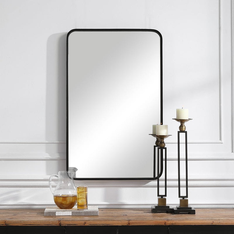 Zeffer Satin Black Mirror | Modern Rectangle Metal Frame Bathroom Vanity Mirror with Rounded Corners Mounted Vertical or Horizontal (24 in. W x 38 in. H x 1 in. D)