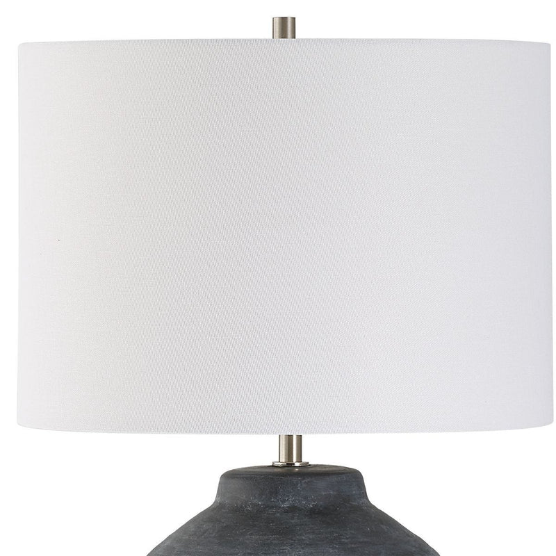 Vulnix Weathered Black Ceramic Modern Table Lamp with Off White Linen Shade (24" H Lamp with 10" H x 14" W Shade)