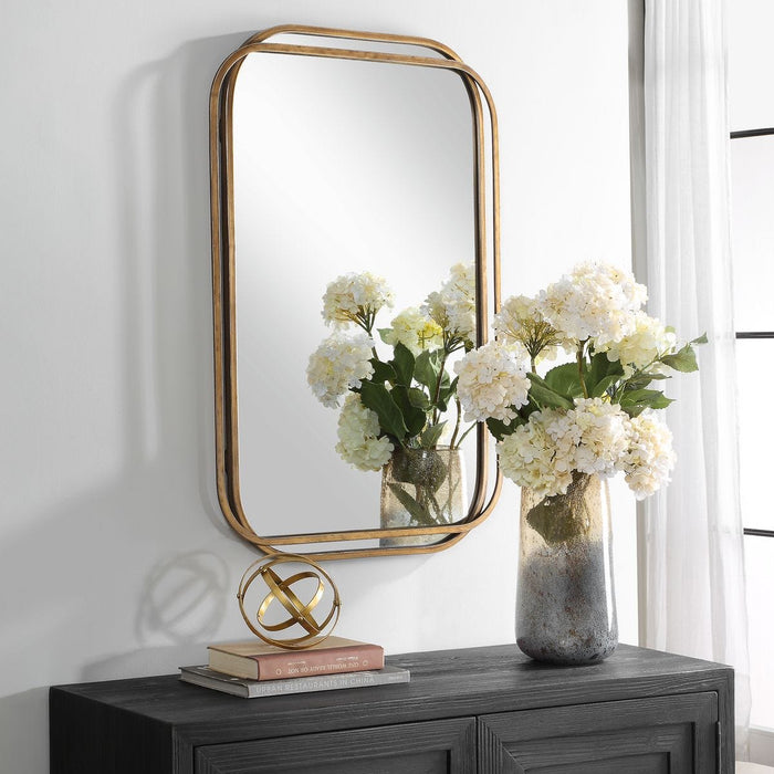 Domora Brushed Gold with Silver Highlights Mirror | Modern Rectangle Iron Frame Bathroom Vanity Mirror with Rounded Corners Mounted Vertical or Horizontal (24 in. W x 36 in. H x 1 in. D)