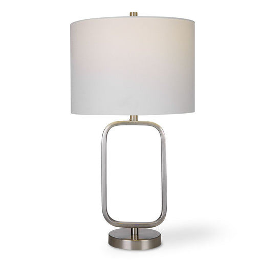 Structa Brushed Nickel Modern Metal Table Lamp with White Linen Shade (27" H Lamp with 10" H x 14" W Shade)