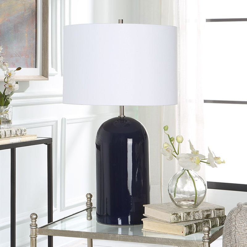 Azura Navy Blue Modern Ceramic Table Lamp with White Linen Shade (27" H Lamp with 10" H x 15" W Shade)