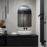 The Retrona Satin Black Mirror | Modern Arch Iron Frame Bathroom Vanity Mirror (22 in. W x 34 in. H x 1 in. D)