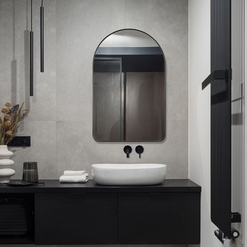 The Retrona Satin Black Mirror | Modern Arch Iron Frame Bathroom Vanity Mirror (22 in. W x 34 in. H x 1 in. D)