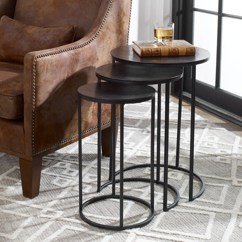 Kozari Nesting Tables Set of 3 | Rich Espresso and Iron Craftsmanship (Small: 12 in. W x 20 in. H; Medium: 14 in. W x 22 in. H; Large: 17 in. W x 24 in. H)