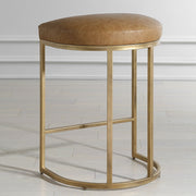 Stellix Antique Brushed Brass Counter Stool | Modern Iron Frame with Camel Colored Faux Leather Cushion  (19 in. W x 26 in. H x 14 in. D)