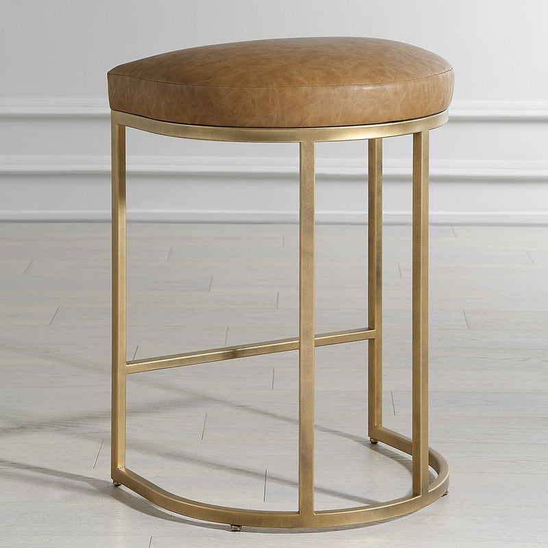Stellix Antique Brushed Brass Counter Stool | Modern Iron Frame with Camel Colored Faux Leather Cushion  (19 in. W x 26 in. H x 14 in. D)