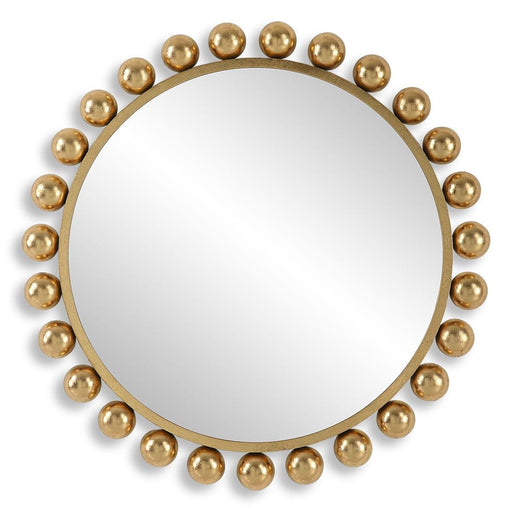 Spindra Rich Gold Mirror | Modern Round Metal Frame Bathroom Vanity Mirror (34 in. W x 34 in. H x 2 in. D)