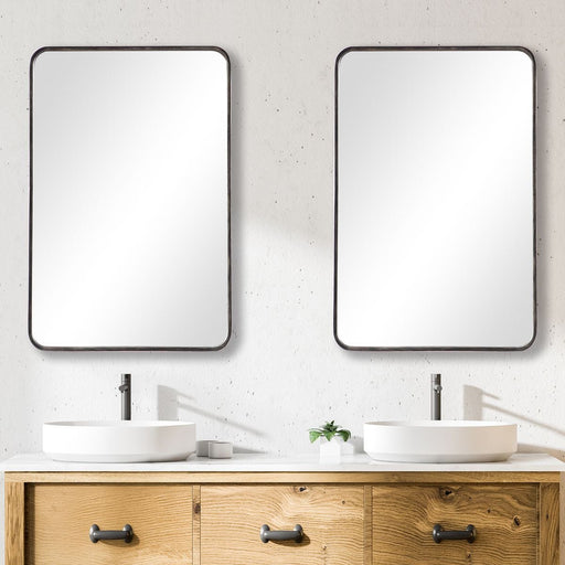 Nuvik Dark Bronze with Gold Highlights Mirror | Modern Rectangle Iron Frame Bathroom Vanity Mirror with Rounded Corners Mounted Vertical or Horizontal (24 in. W x 36 in. H x 1 in. D)