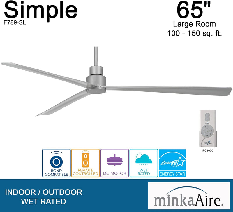 Minka Aire Simple 65" Outdoor Brushed Nickel Wet Ceiling Fan with Remote Control