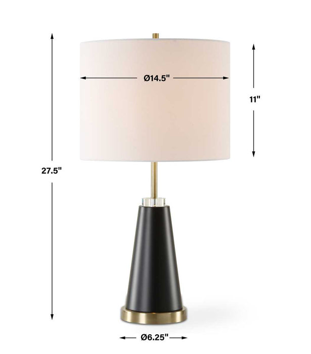 Skylen Black Modern Metal Table Lamp with Off White Linen Shade (28" H Lamp with 11" H x 15" W Shade)