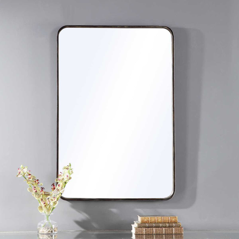 Nuvik Dark Bronze with Gold Highlights Mirror | Modern Rectangle Iron Frame Bathroom Vanity Mirror with Rounded Corners Mounted Vertical or Horizontal (24 in. W x 36 in. H x 1 in. D)